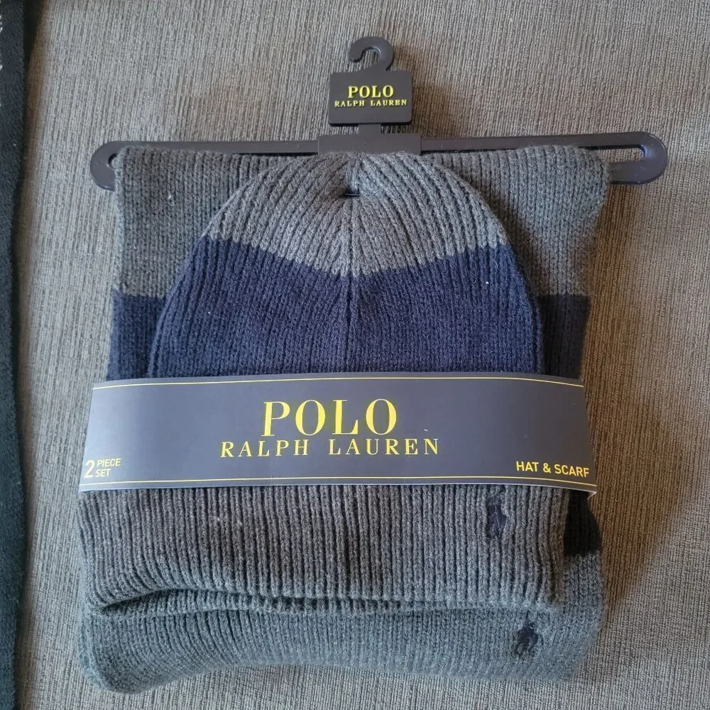 Polo Ralph Lauren Men's grey and navy 2 Piece Set Hat & Scarf Lambswool…